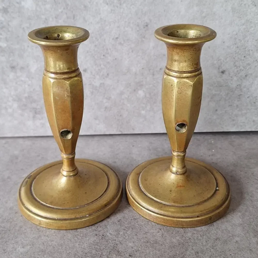 Vintage set of 2 solid brass skinny candle stick holders rustic farm house decor